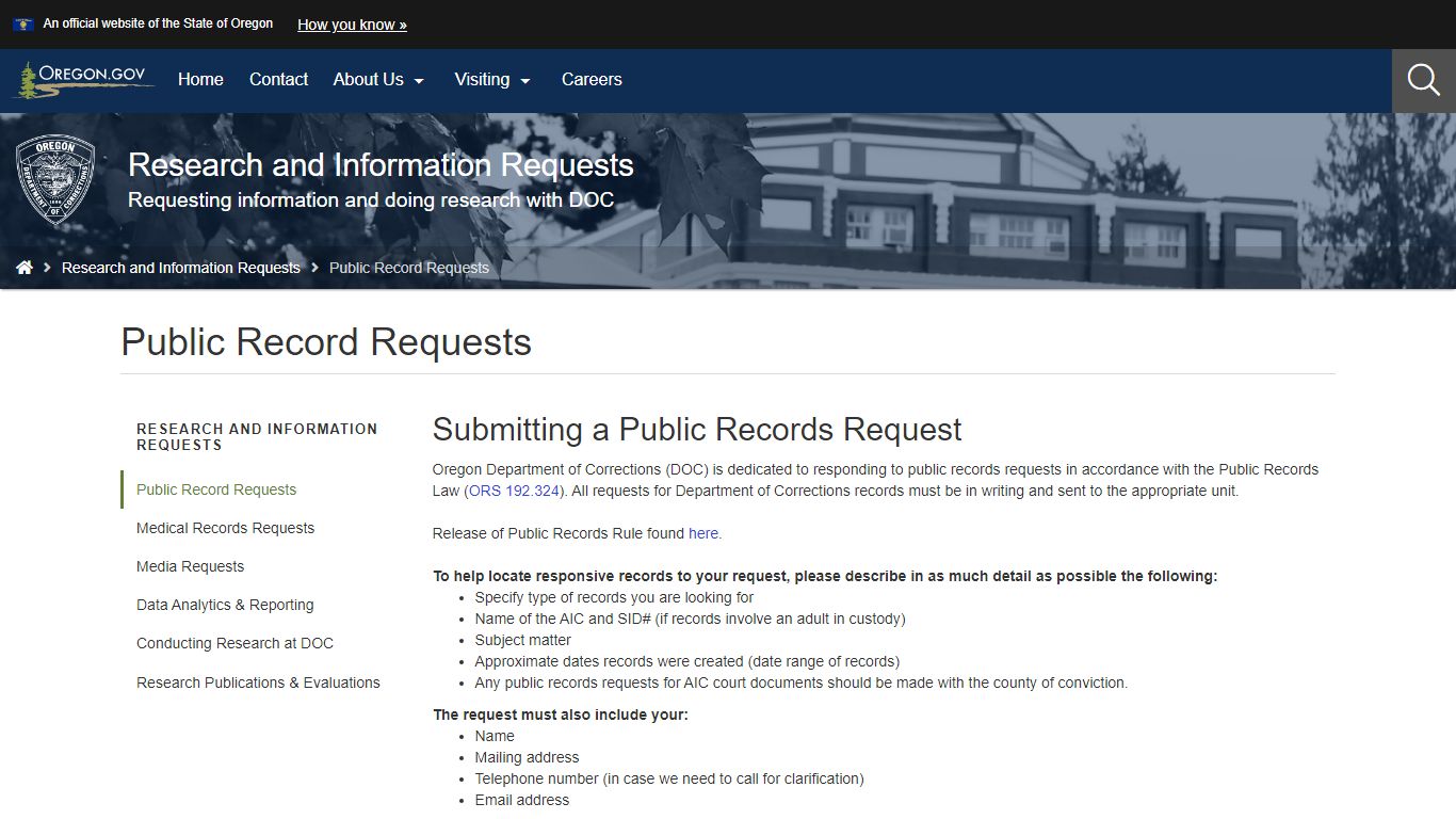 Department of Corrections : Public Record Requests - Oregon.gov